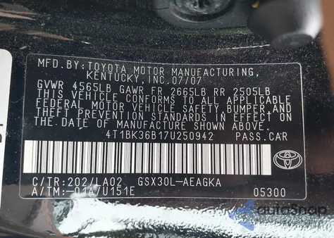 2007 Toyota Avalon Xls from USA, damaged, VIN 4T1BK36B17U250942